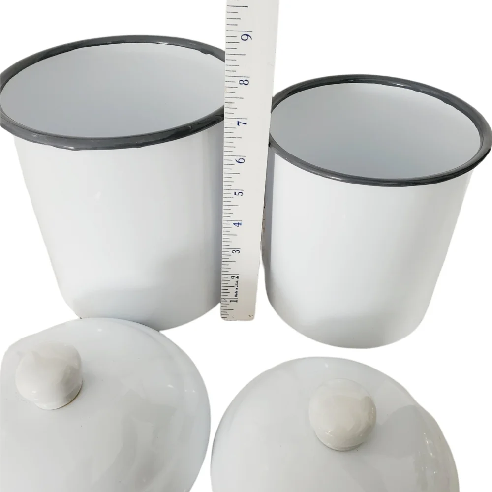 Farmhouse White Enamel Flour and Sugar Canister Set with Lids Kitchen Storage
